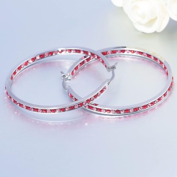 14K White Gold with Ruby Red and Pink Sapphire Cubic Zirconia Big Hoop Earrings - Picture 3 of 5